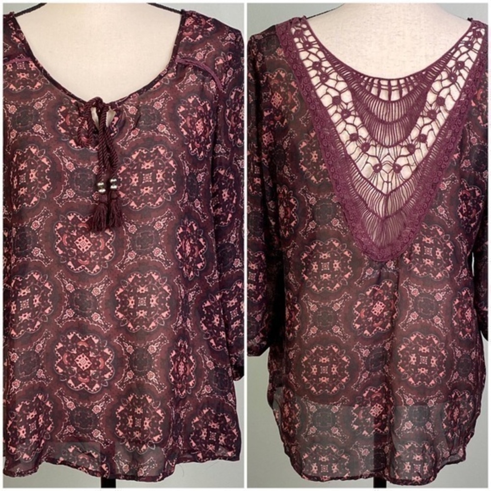 MAURICES maroon semi-sheer silky blouse with front tie & cutout back Medium EUC
